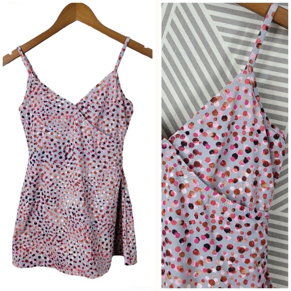 Garnet Hill Other - Garnet Hill One Piece Swim Dress Size 2 Bathing Suit Wrap Top Gray Polkadot